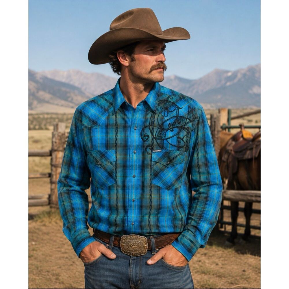 Western Shirt Men XL Pearl Snap Embroidered Rockabilly Rodeo Southern Thread